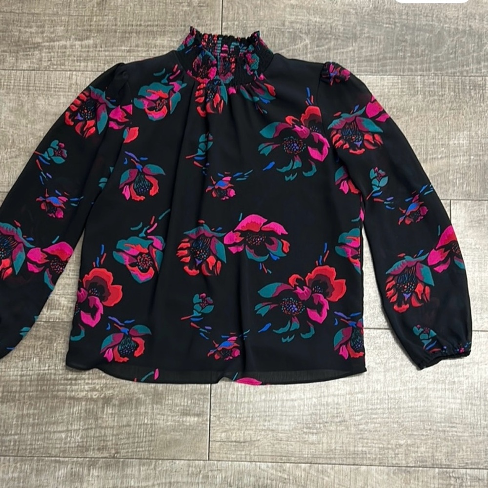 J Crew Floral Black Smocked Mock Neck Blouse Size L